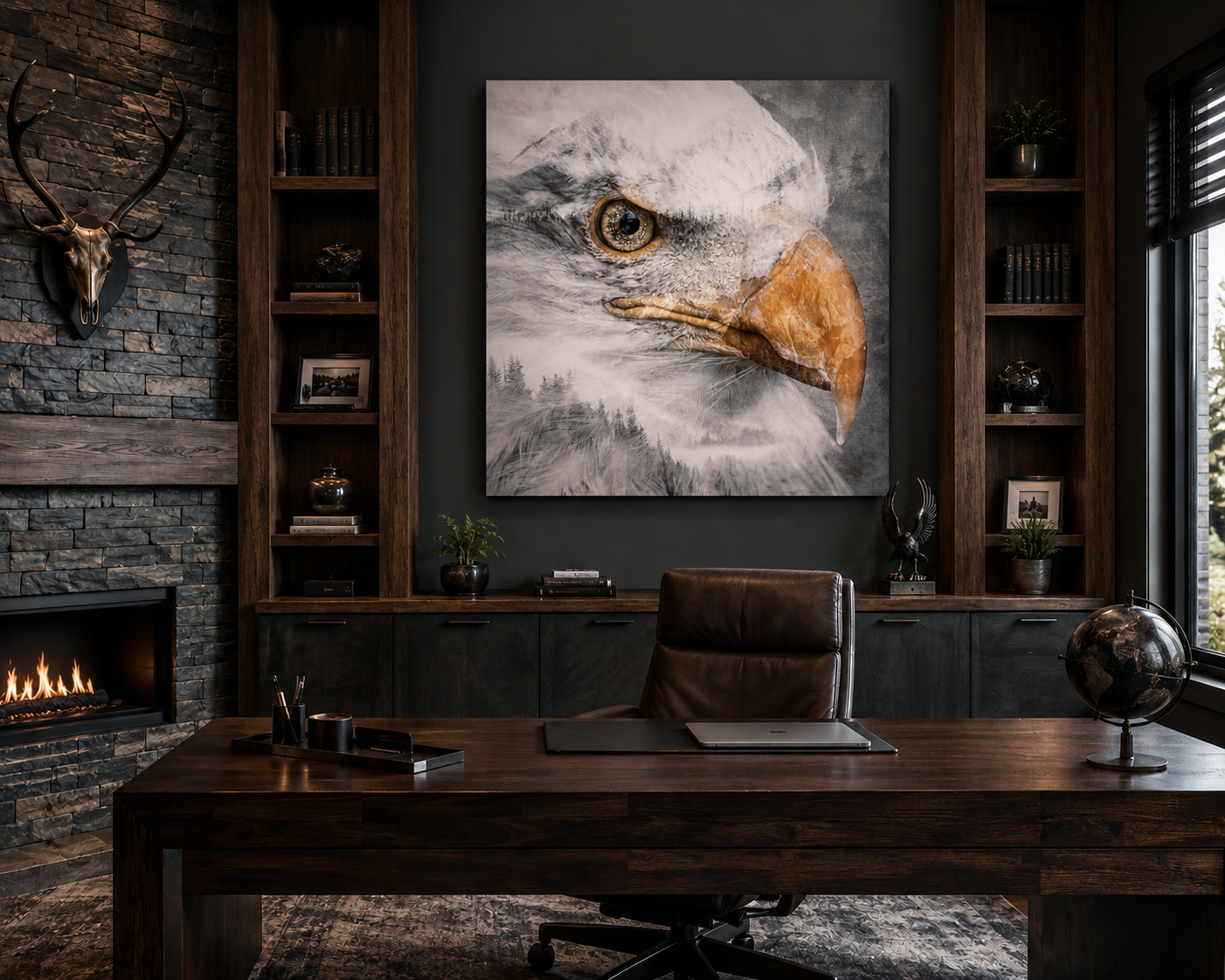 Large bald eagle mixed media artwork displayed in a dark wood executive office with a stone fireplace